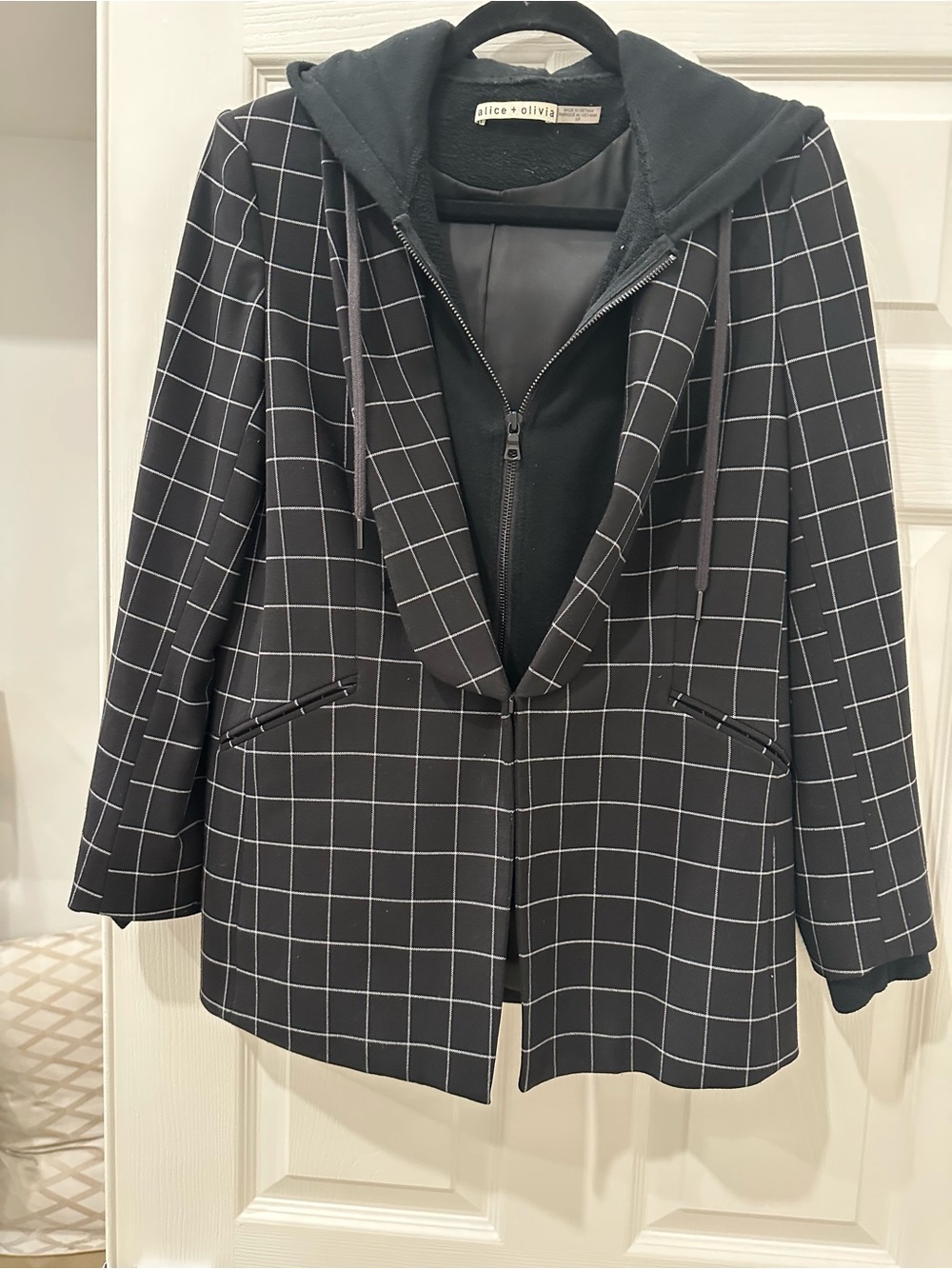 ALICE + OLIVIA Black/White Check Blazer with attached Black Zip Sweater Hoodie
